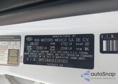 2020 Kia Forte Lxs z USA, uszkodzony, nr VIN 3KPF24AD3LE245903